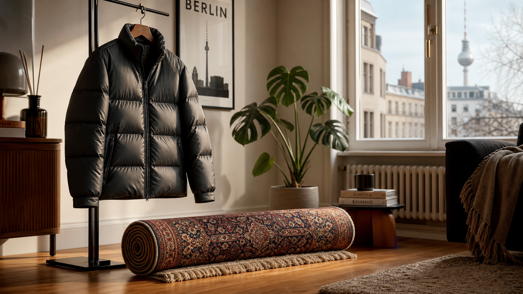 Winter-Vorbereitung Teppich und Daunenjacken